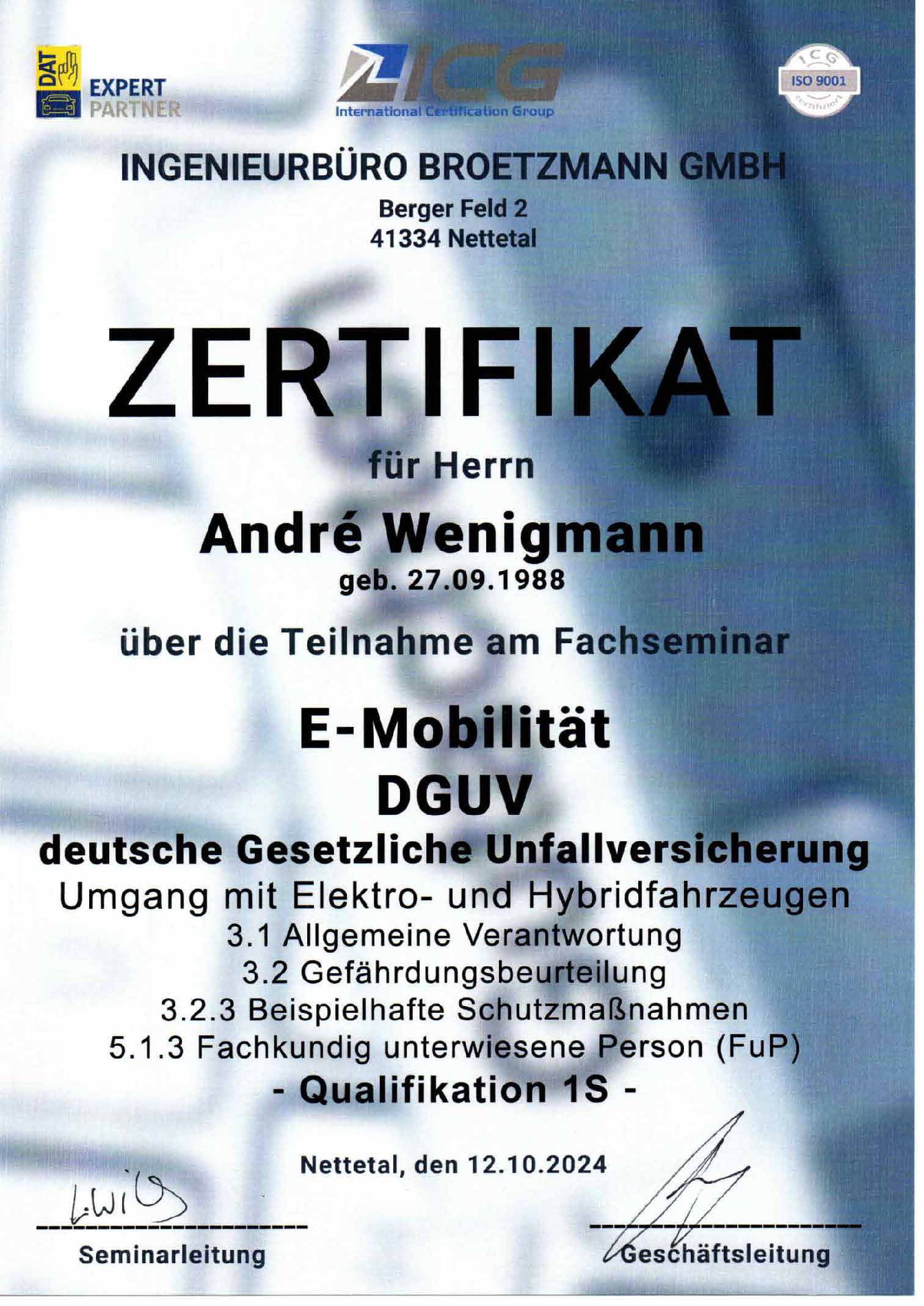 Zertifikat E mobilität