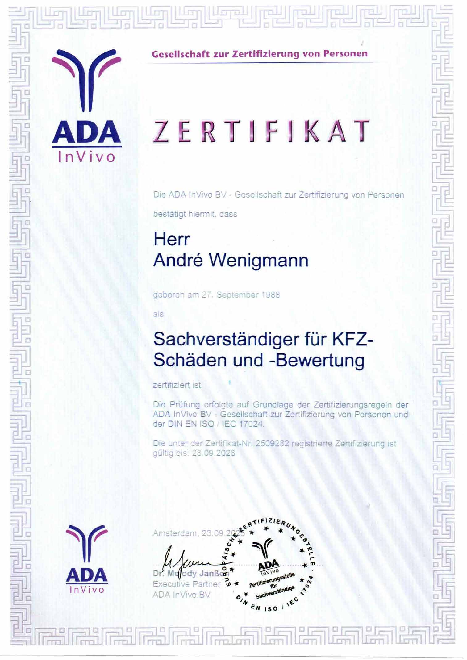 Zertifizierung Andre Wenigmann