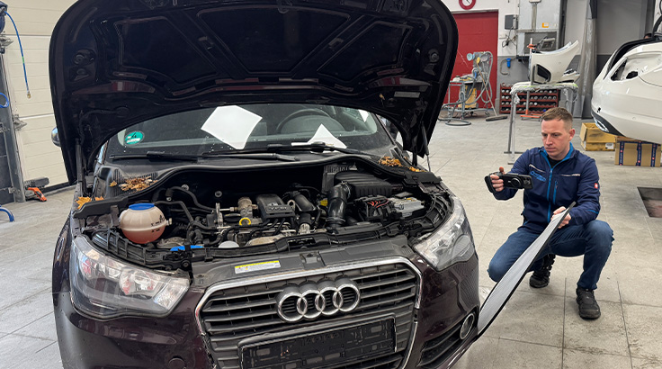 Kfz Sachverständiger bei der Fahrzeugbegutachtung eines Audi in der Werkstatt